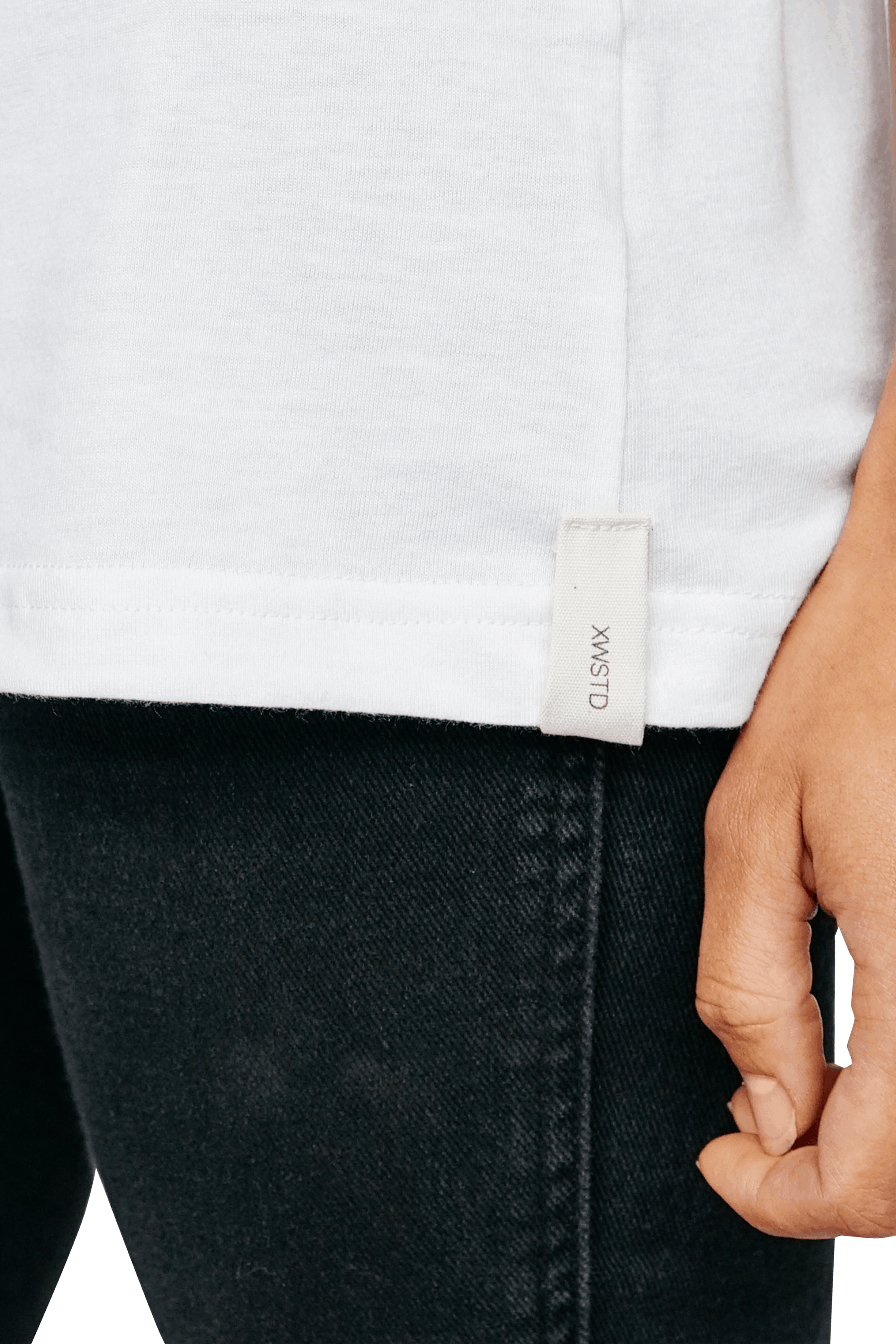 XWASTED Hem label from pure white organic 100% recycled t-shirt 