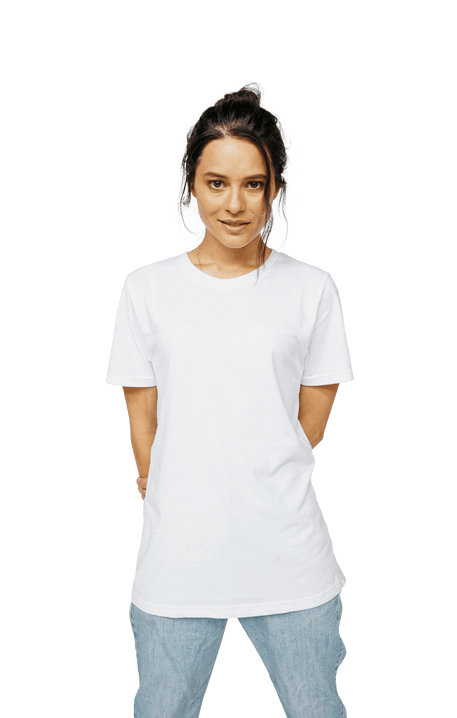 XWASTED Women wearing pure white organic 100% recycled t-shirt 