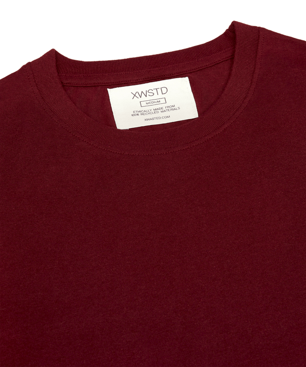 XWASTED Neck label of pure burgundy organic 100% recycled t-shirt 