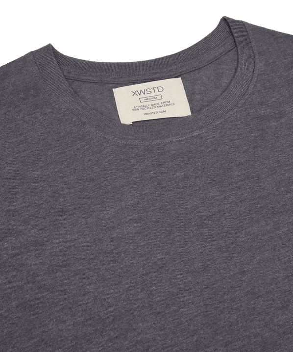 XWASTED neck label of faded grey organic 100% recycled t-shirt 