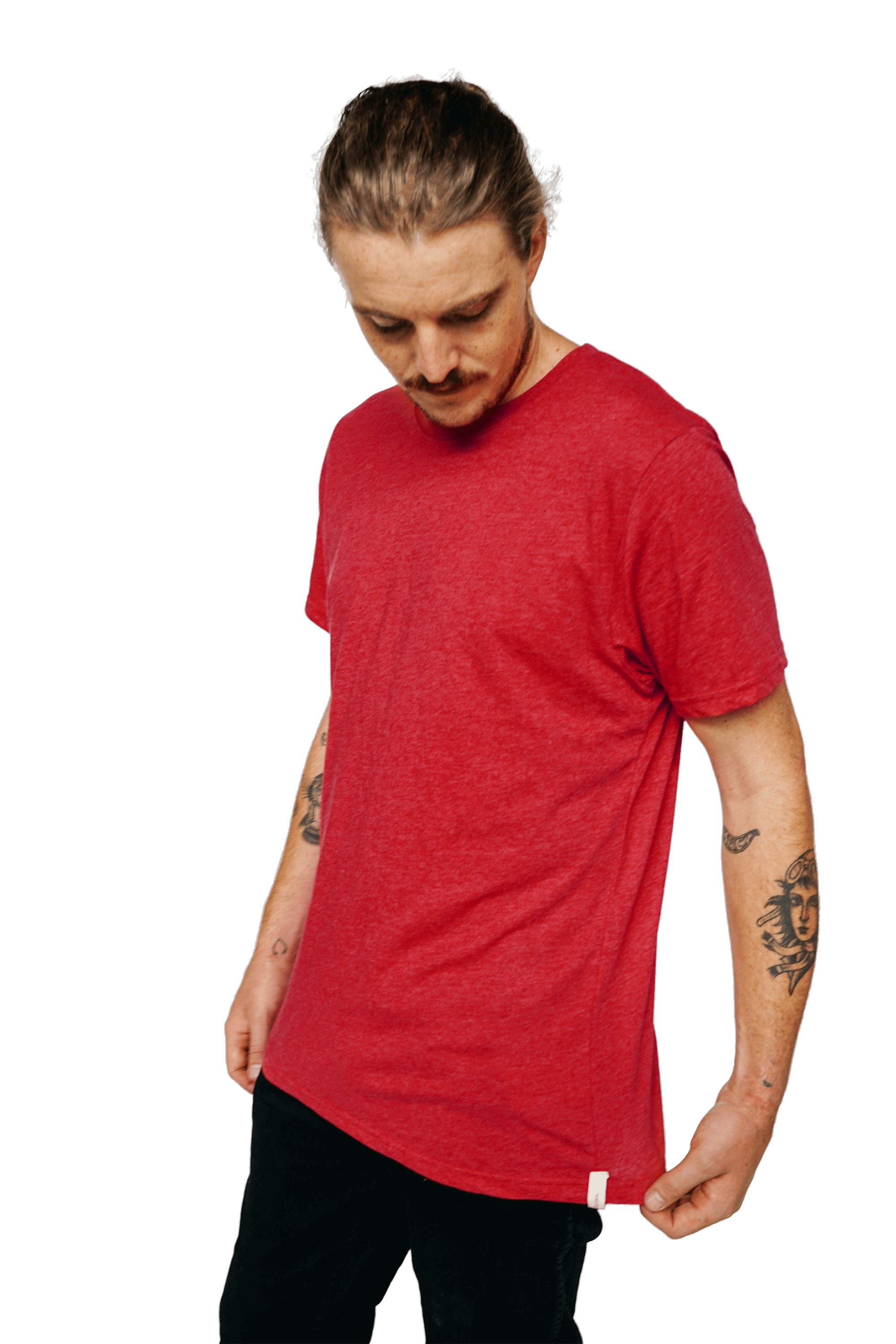 XWASTED Man wearing faded red organic 100% recycled t-shirt 