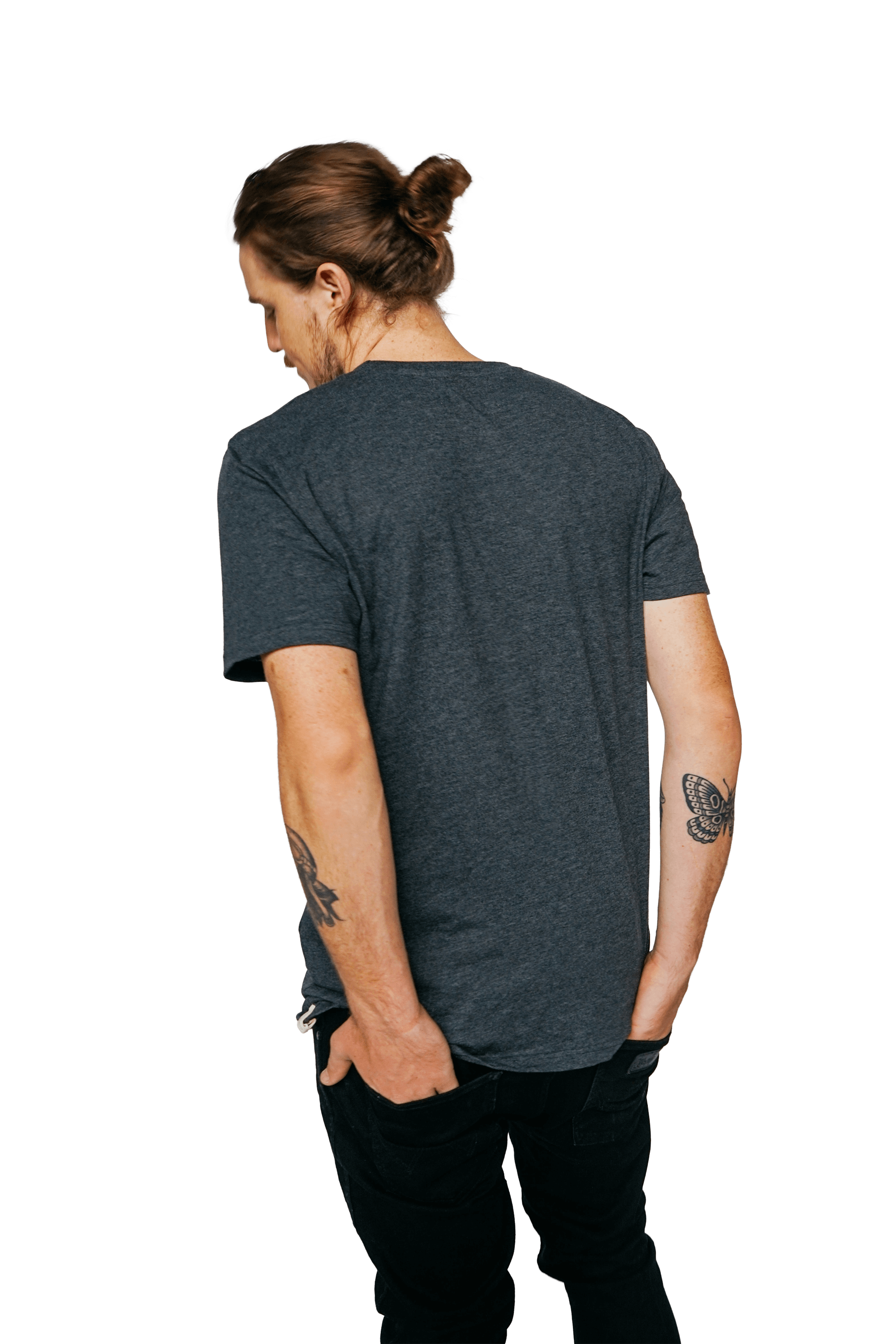 XWASTED men wearing large faded black recycled 100% organic t-shirt