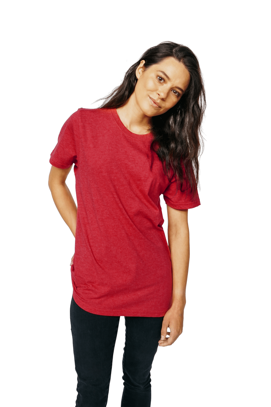 XWASTED Women wearing faded red organic 100% recycled t-shirt 
