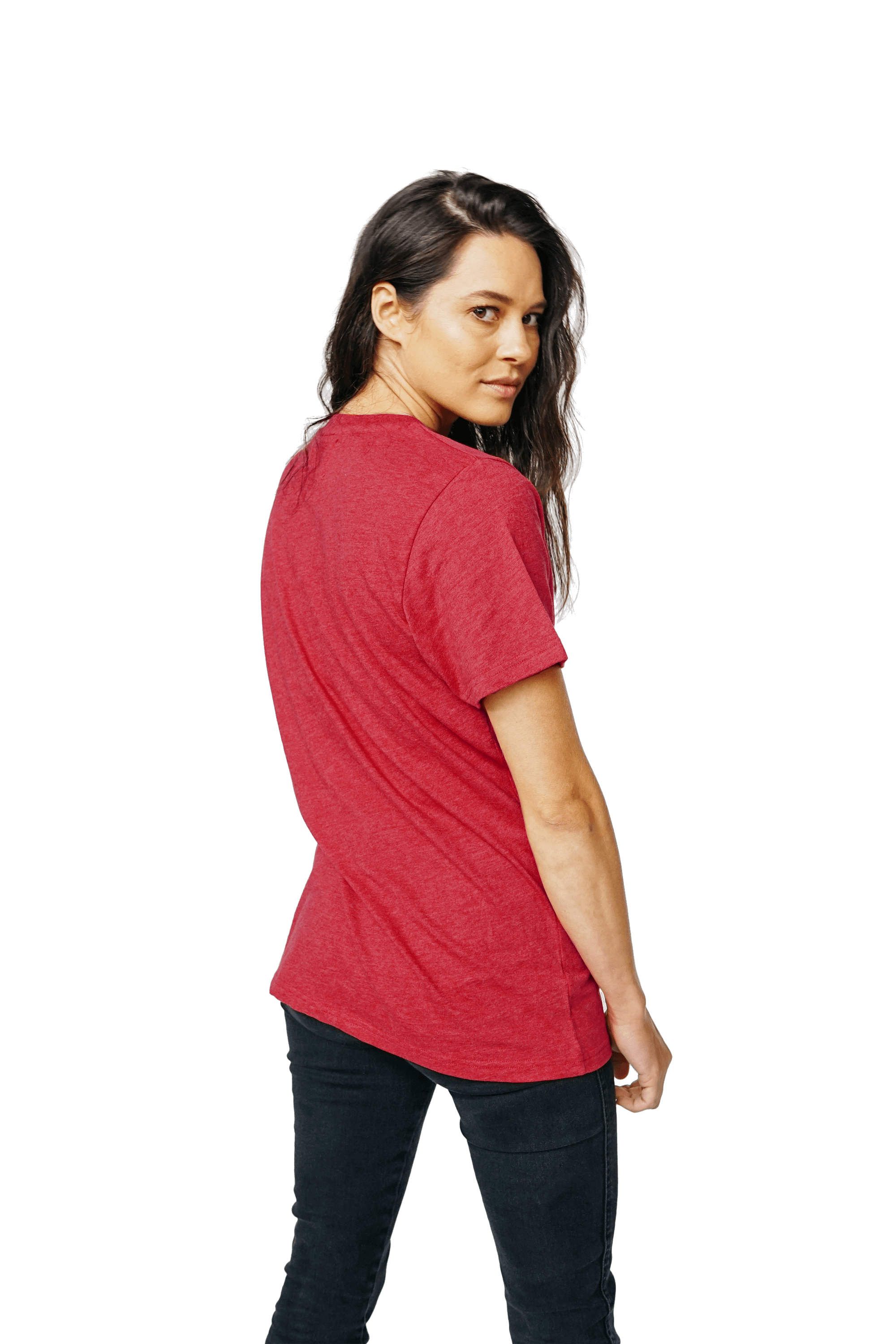 XWASTED women wearing faded red organic 100% recycled t-shirt 