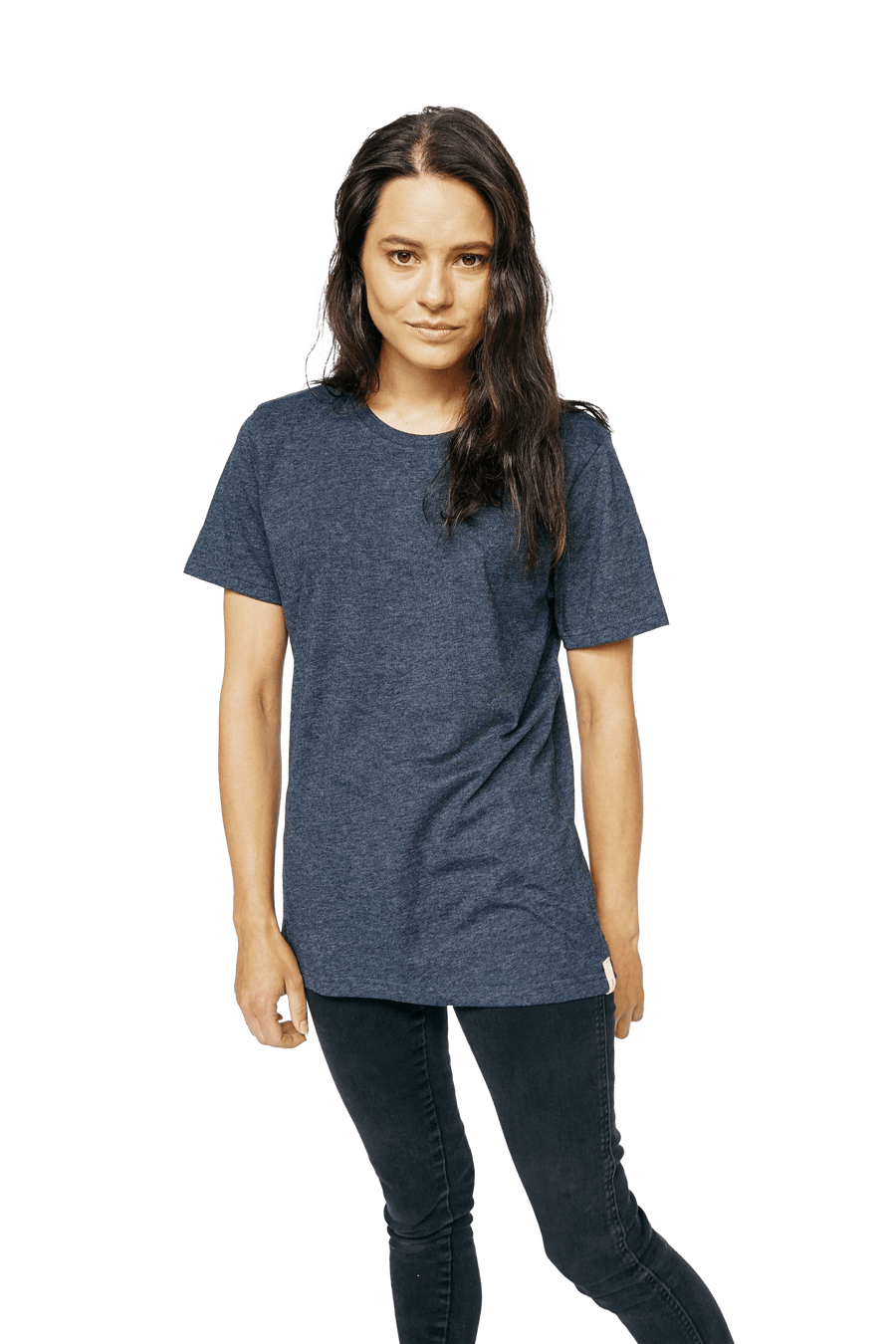 XWASTED Women wearing faded navy organic 100% recycled t-shirt 