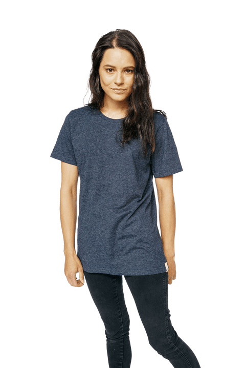XWASTED Women wearing faded navy organic 100% recycled t-shirt 