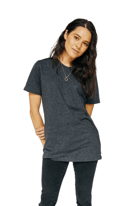 XWASTED women wearing faded black recycled 100% organic t-shirt
