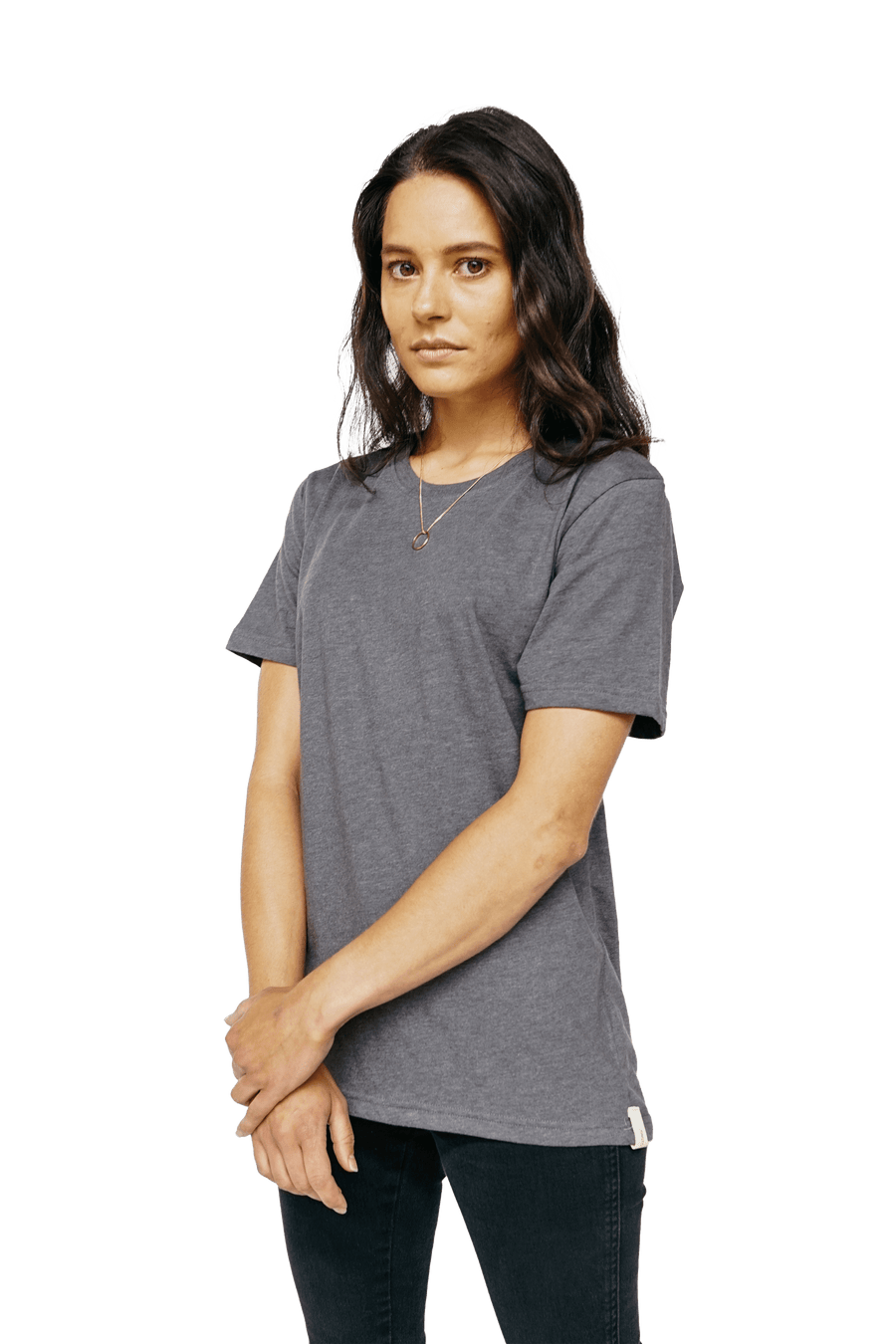 XWASTED women wearing faded grey organic 100% recycled t-shirt 