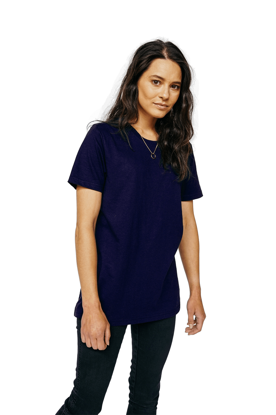 XWASTED Women wearing pure navy organic 100% recycled t-shirt 