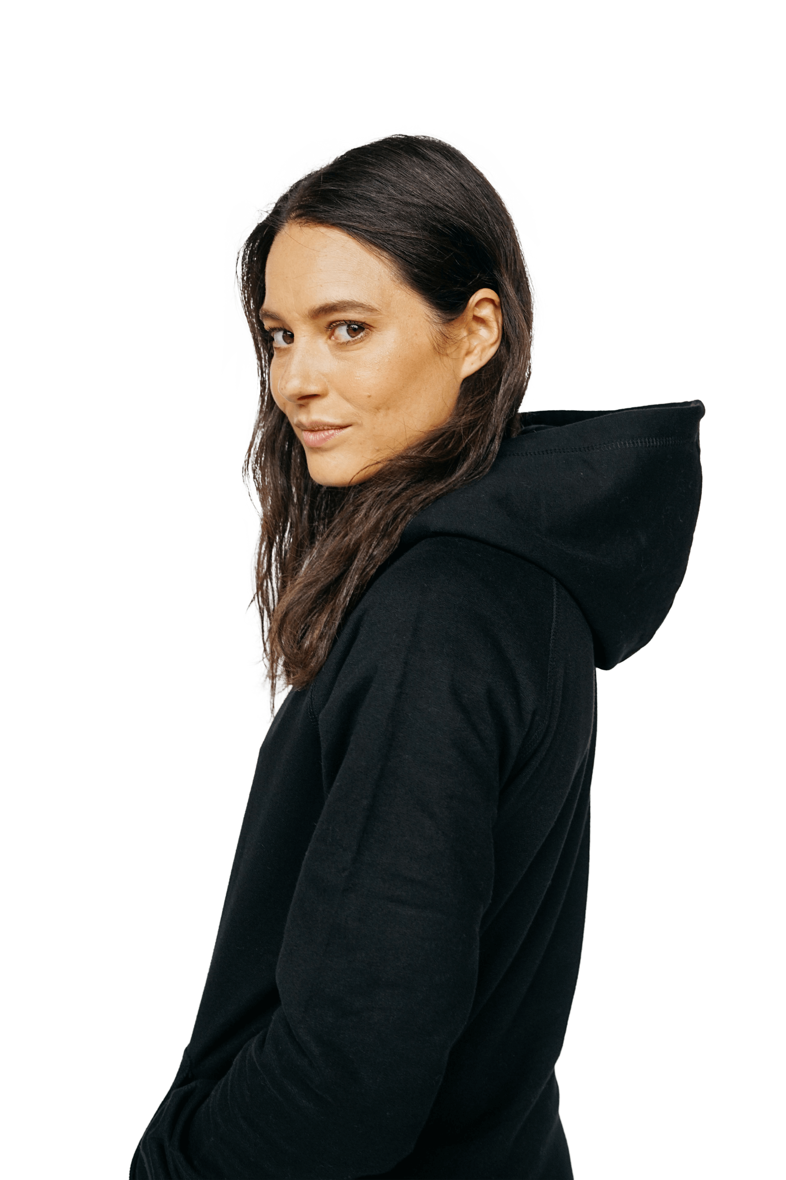 Side shot of black 100% organic recycled hoodie