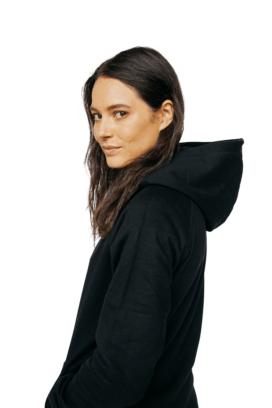 Side shot of black 100% organic recycled hoodie