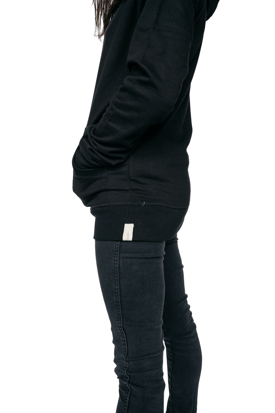 side shot of women's black 100% organic recycled hoodie