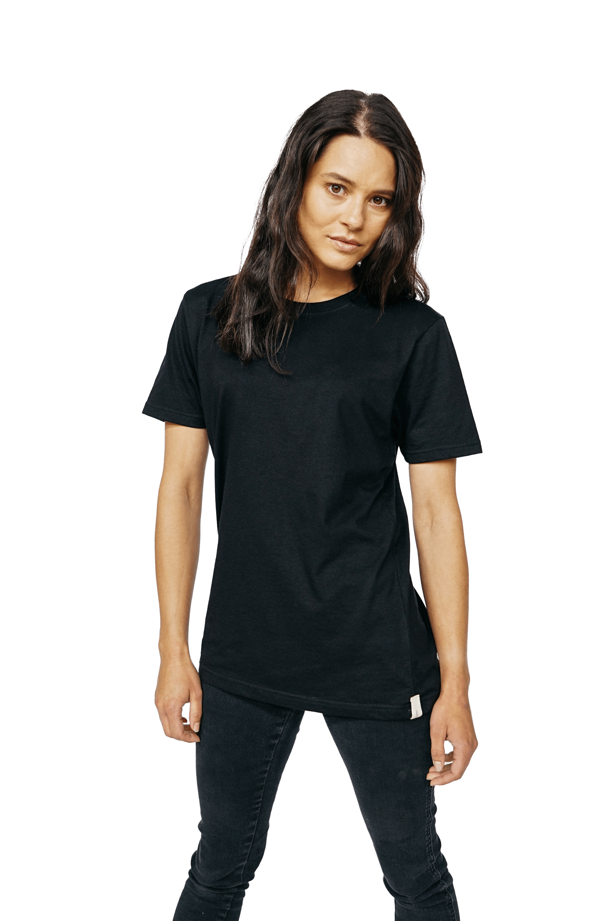 XWASTED Women wearing pure black organic 100% recycled t-shirt 