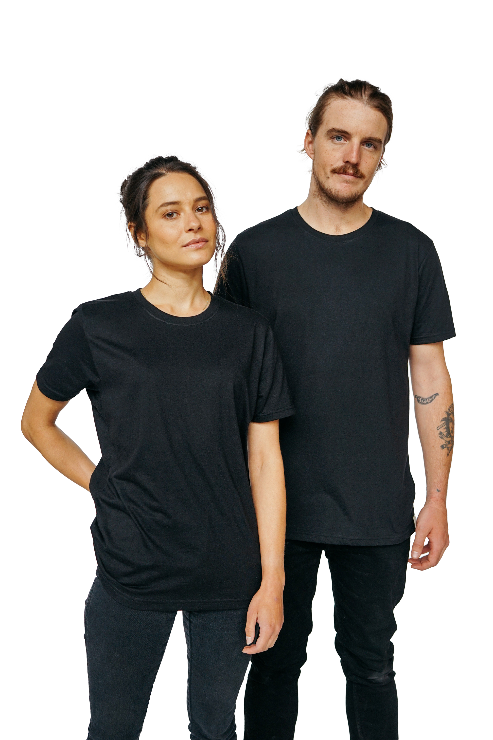 XWASTED man and women wearing pure black organic 100% recycled t-shirt 