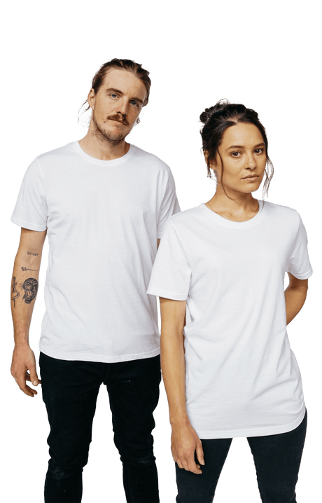 XWASTED Man and Women wearing pure white organic 100% recycled t-shirt 