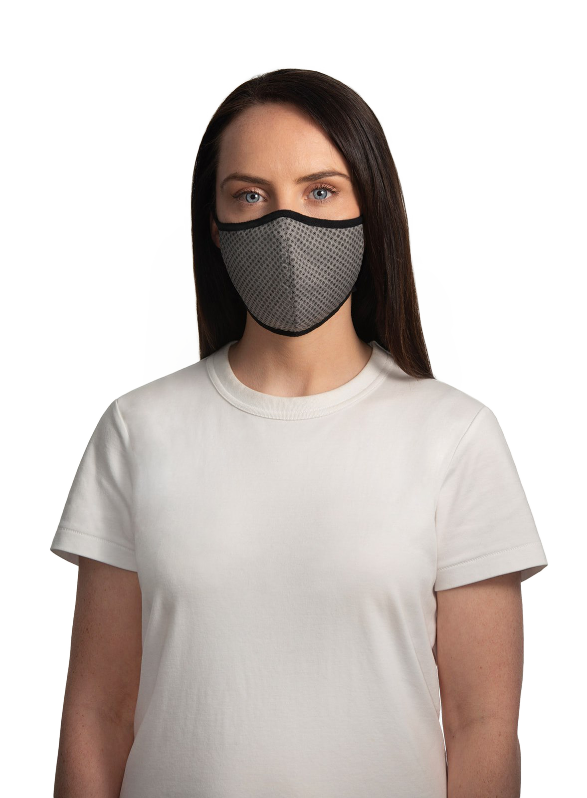 XWASTED female model wearing grey pattern recycled facemask