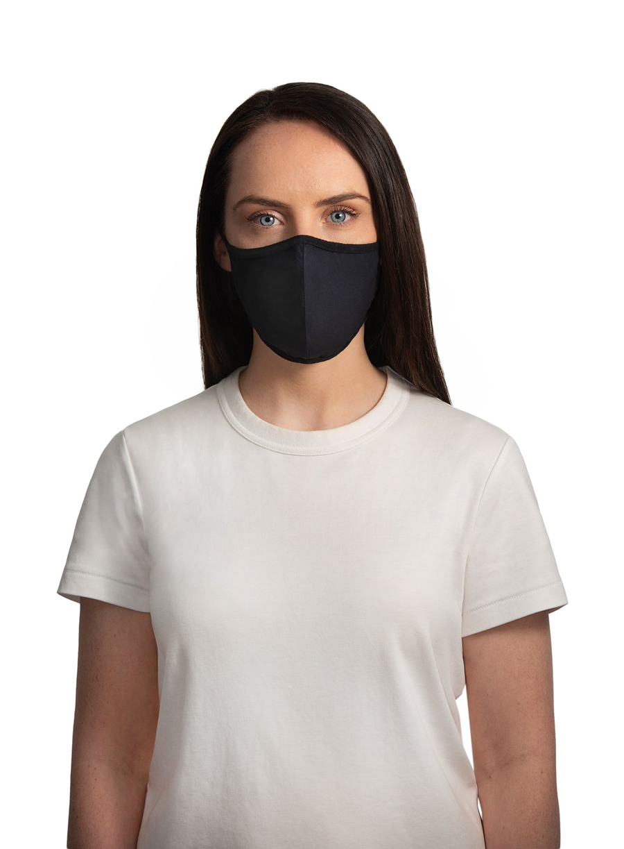 XWASTED female wearing navy (black string) recycled facemask