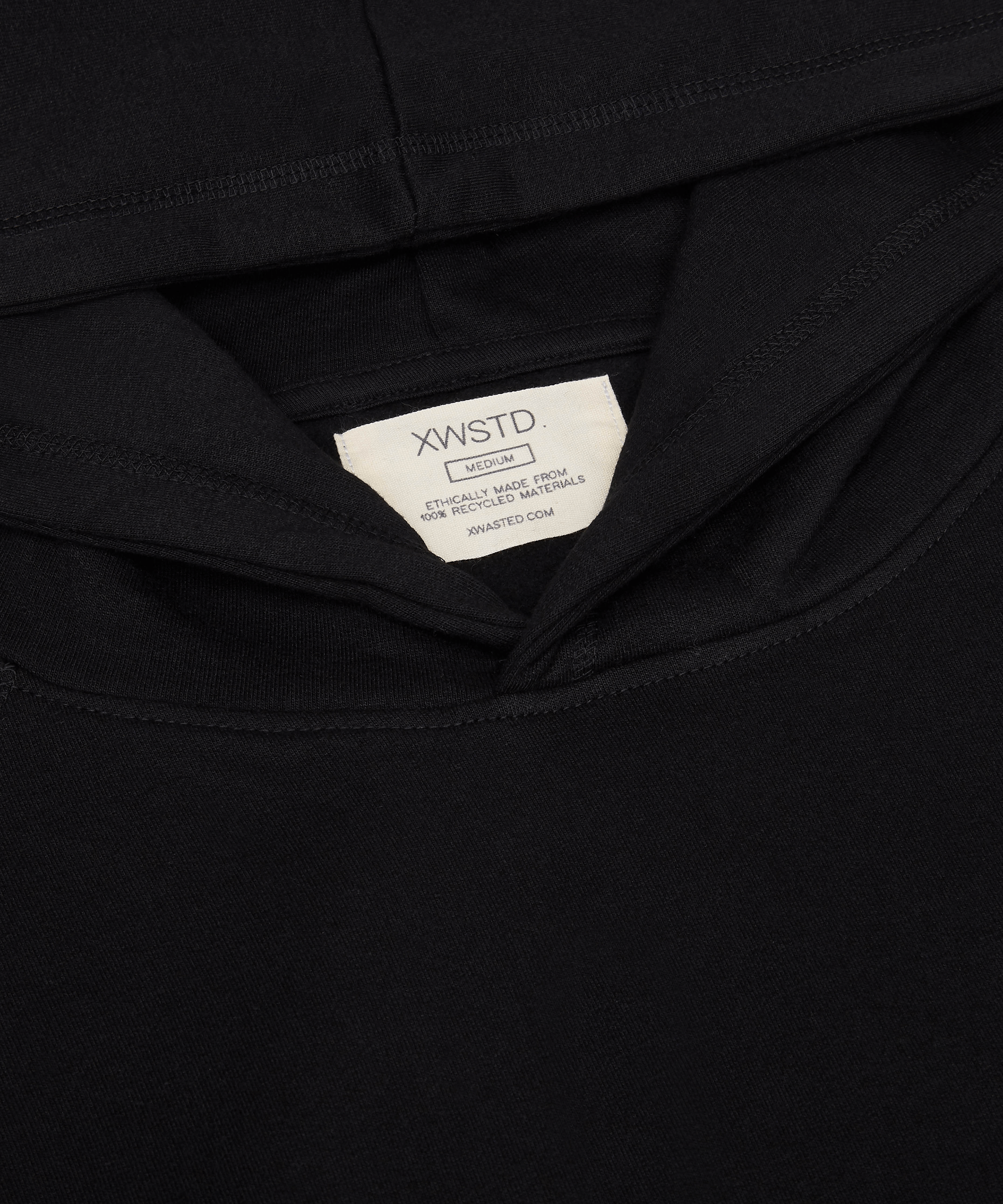 XWSTD hoodie label, ethically made from 100% recycled materials