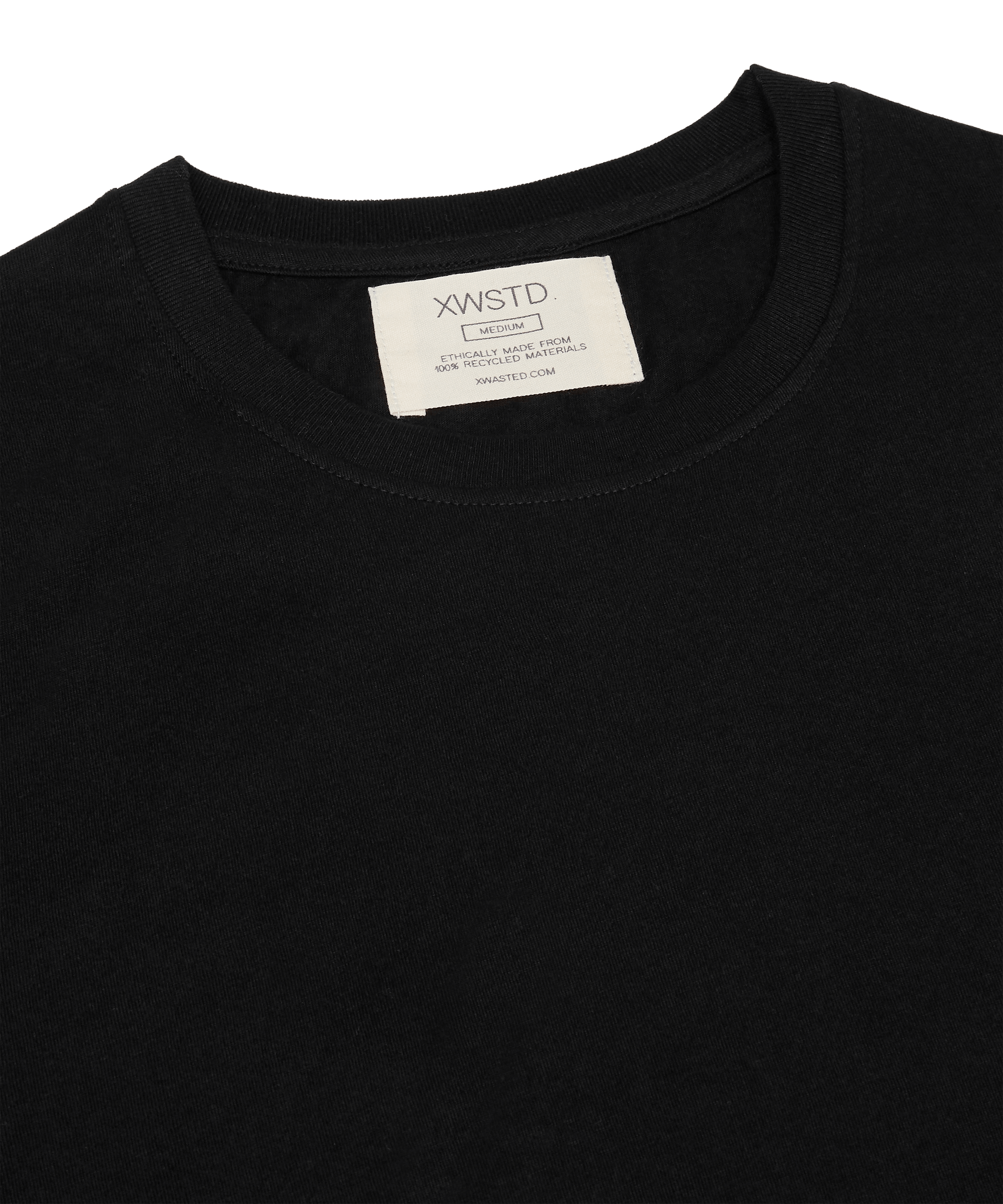 XWASTED neck label of pure black organic 100% recycled t-shirt 
