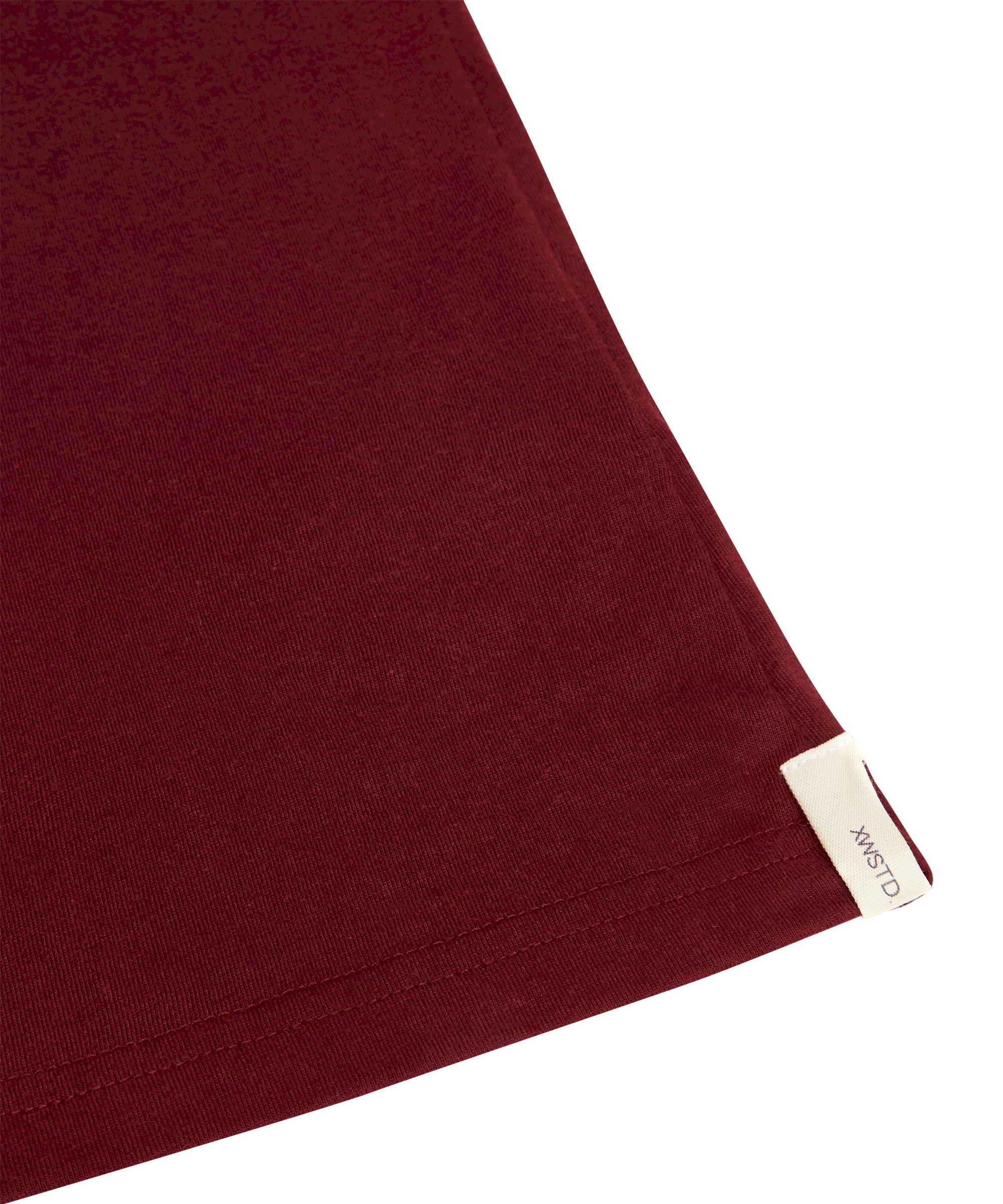 XWASTED hem label of pure burgundy organic 100% recycled t-shirt 