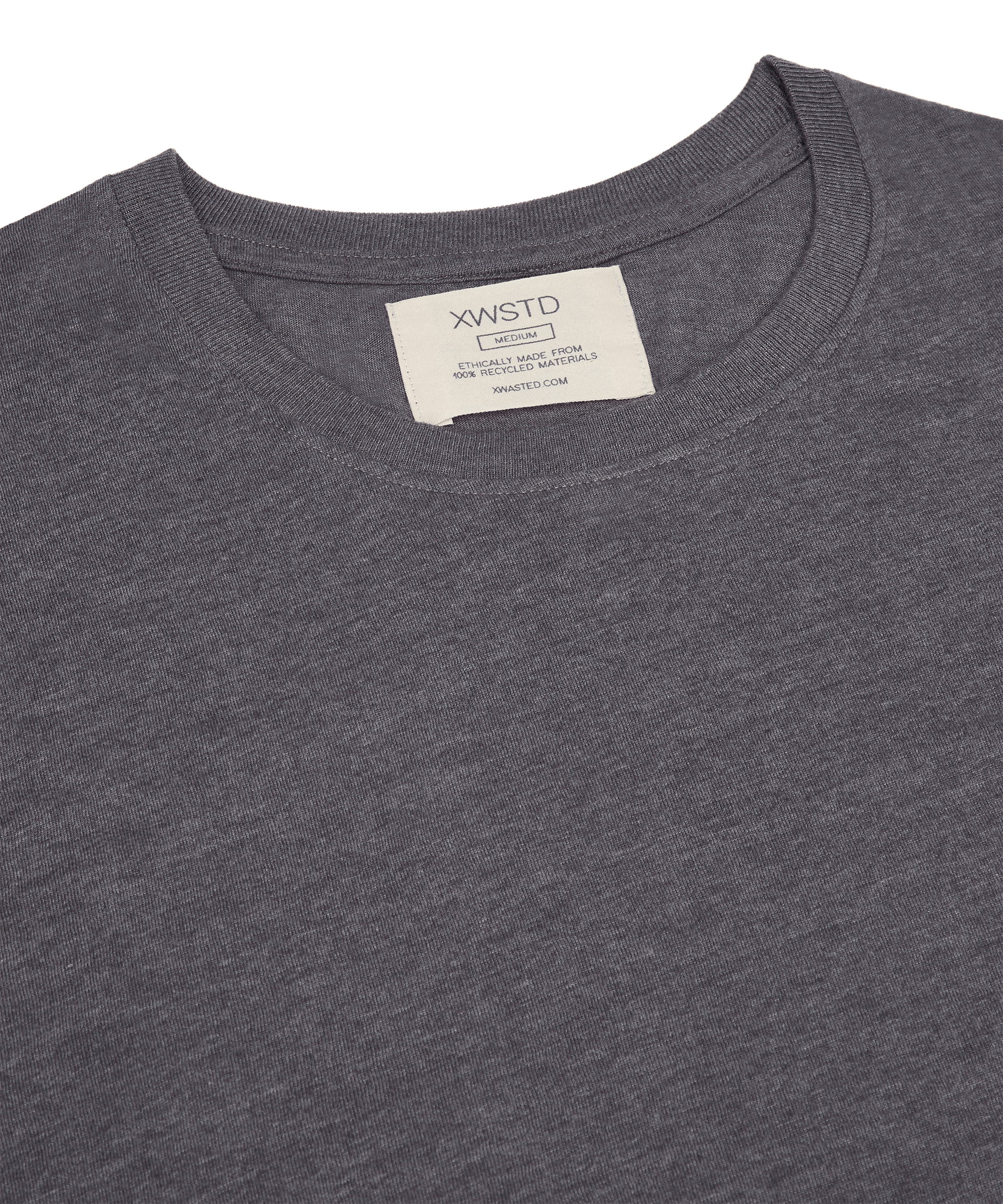 XWASTED neck label of faded grey organic 100% recycled t-shirt 