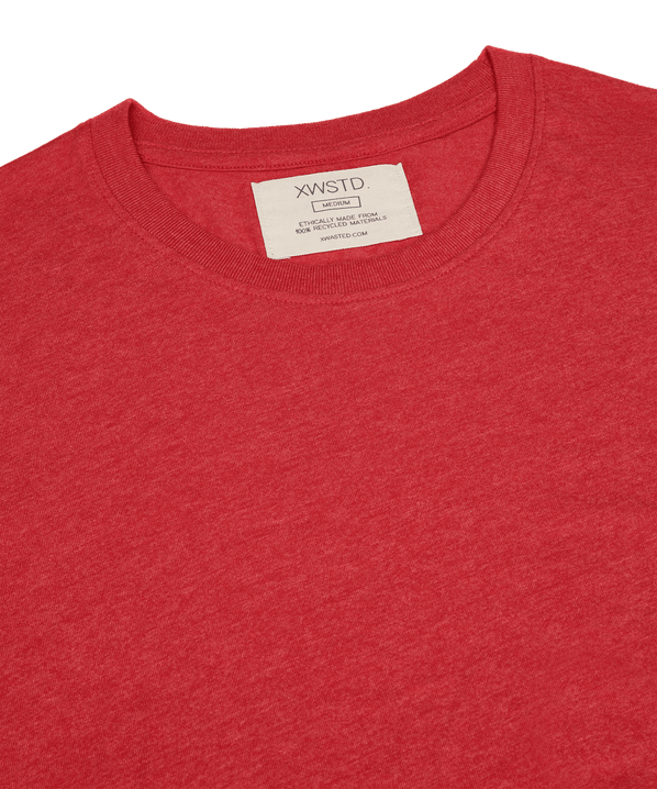 XWASTED neck label of faded red organic 100% recycled t-shirt 