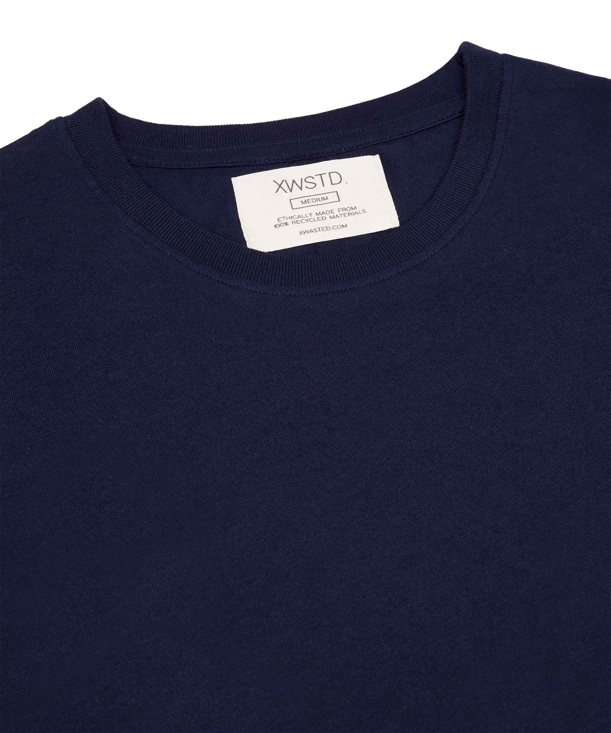 XWASTED Neck label of pure navy organic 100% recycled t-shirt 