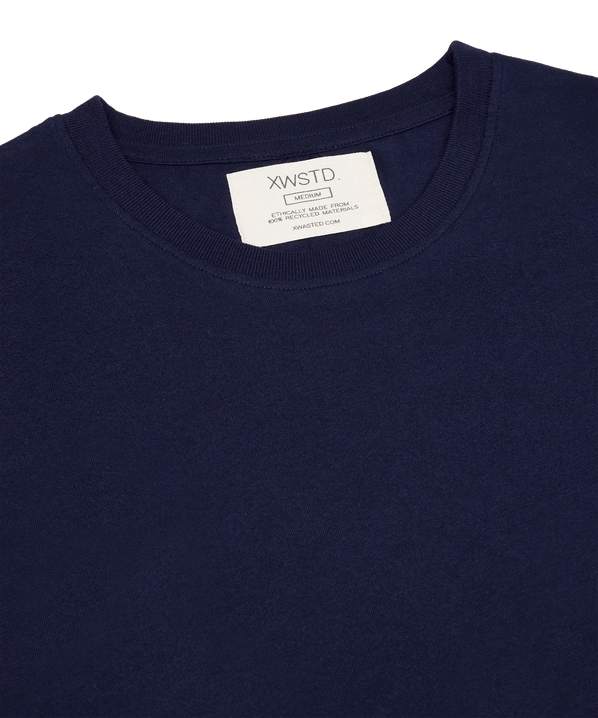 XWASTED Neck label of pure navy organic 100% recycled t-shirt 